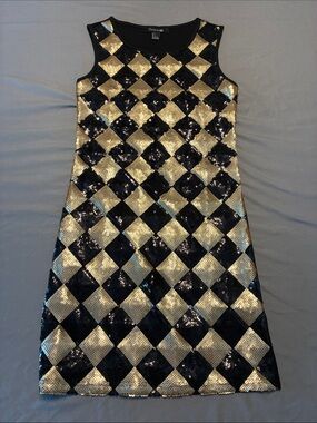 Forever 21 Black and Gold Sequin Harlequin Shift Dress